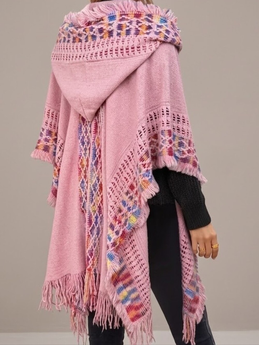 NWT Boho Pink Hooded Knit Fringe Poncho Wrap Shawl - One Size